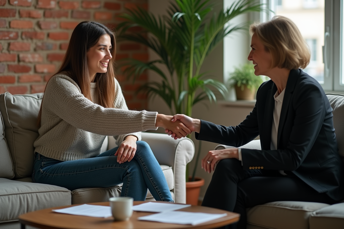 Femme relievee serre la main d une avocate dans un salon cosy