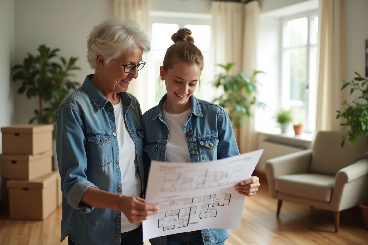 Grand-mere et petite-fille examinant des plans dans un salon