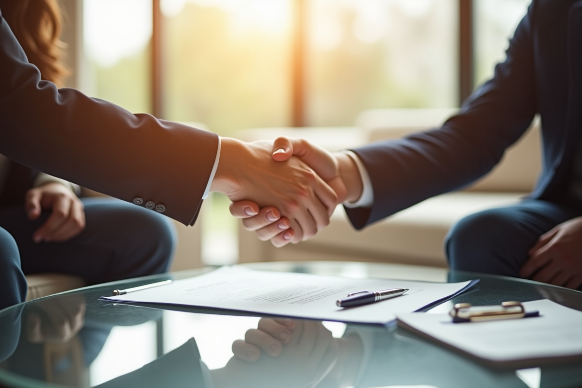 Echange cordial entre locataire et propriétaire dans un salon lumineux