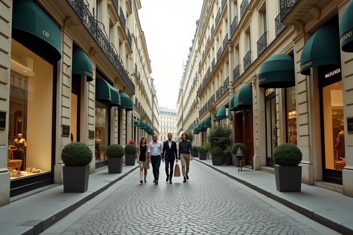 Rue commerçante huppée d'un arrondissement parisien aisé avec boutiques de luxe et piétons élégants