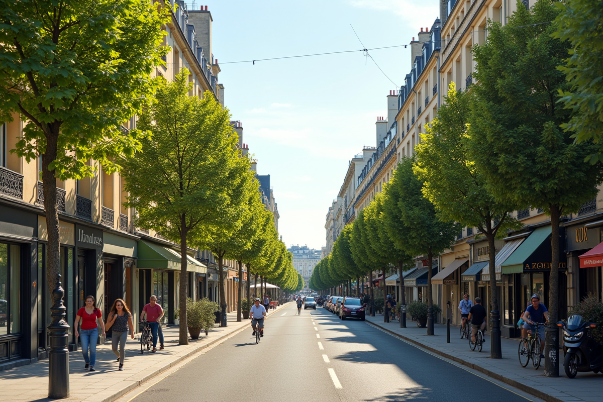 Rue parisienne avec bâtiments modernes et classiques en été