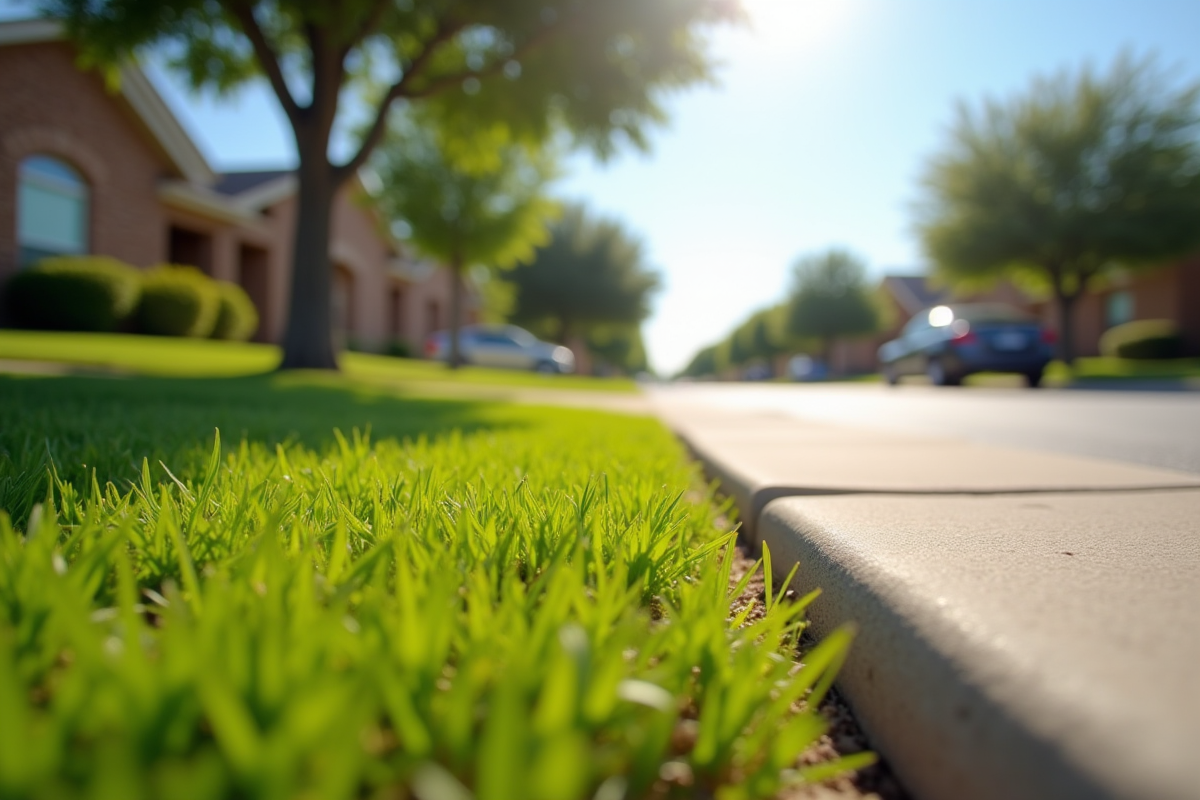Rue ensoleillée au Texas avec bande verte entre trottoir et bordure