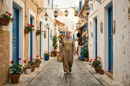 Ruelle typique de la médina d'Essaouira avec ses murs blancs et portes bleues, idéale pour une location longue durée
