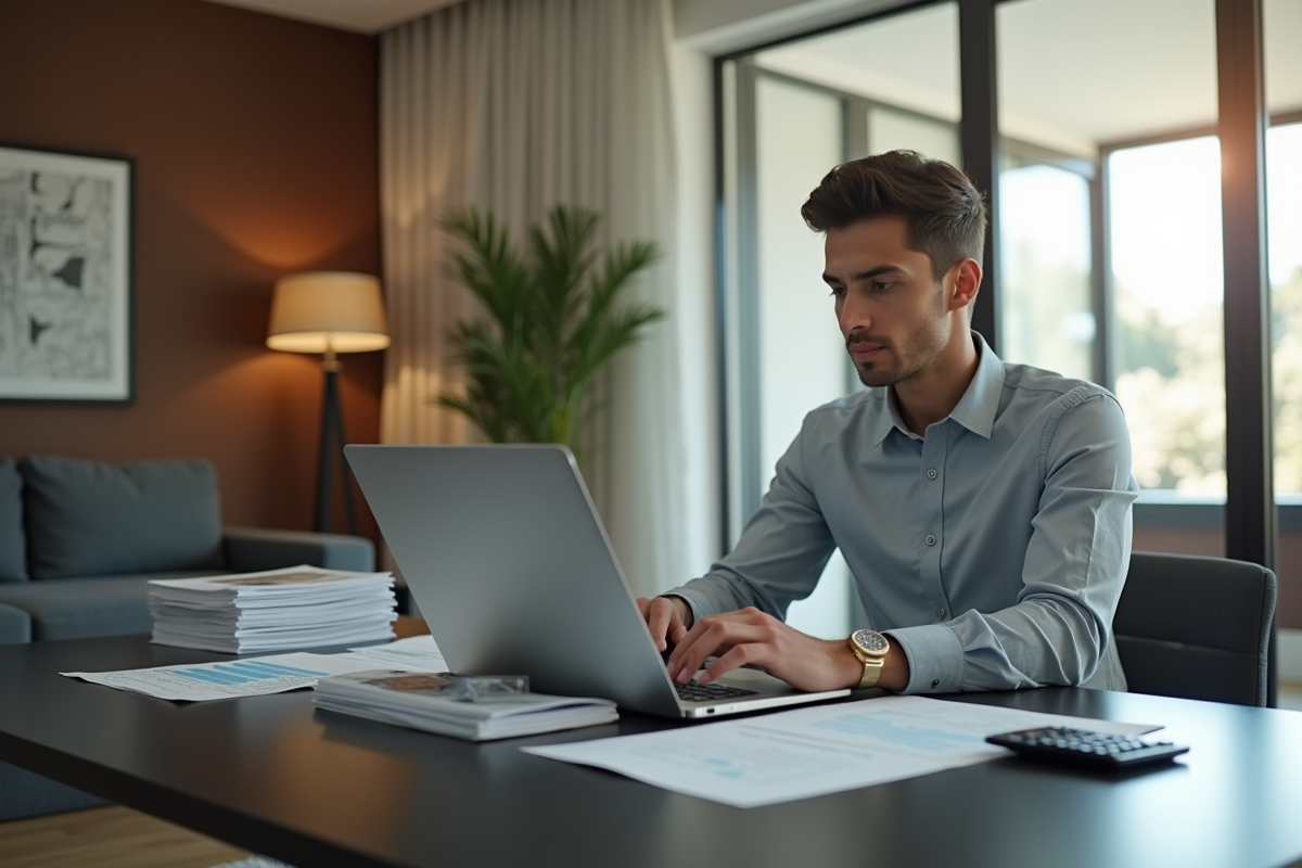 Salon moderne avec espace de travail lumineux et professionnel