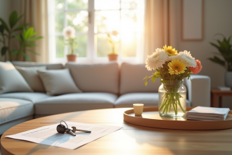 Salon lumineux avec décoration neutre et fleurs fraîches