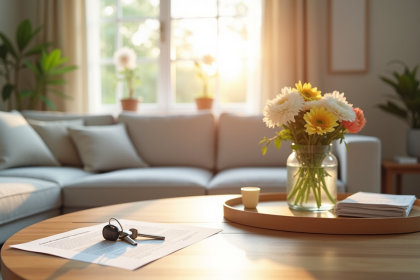 Salon lumineux avec décoration neutre et fleurs fraîches