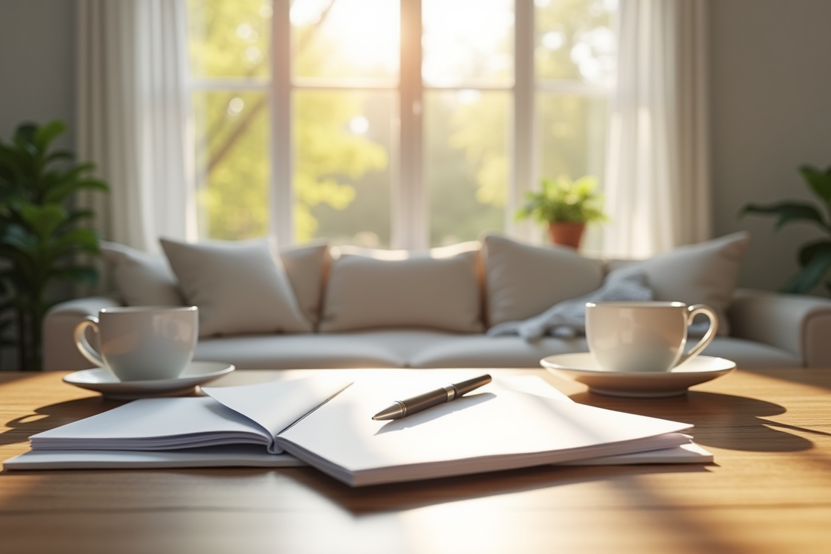 Salon lumineux avec documents et tasses de café sur la table