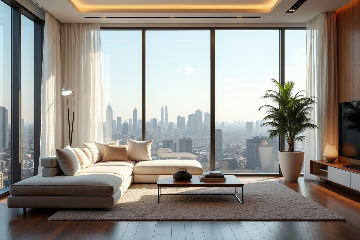 Salon moderne avec vue panoramique sur la ville