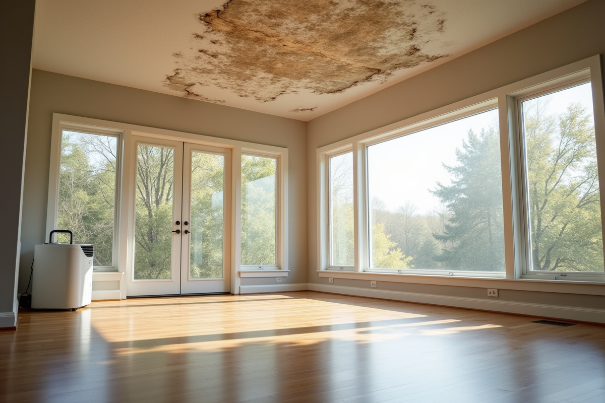 Salon moderne avec plafond endommagé et déshumidificateur