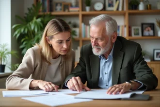 Femme et homme âgé discutant de documents à la maison