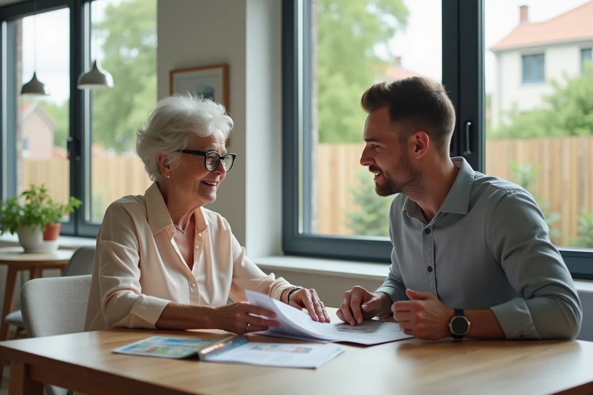 Femme senior souriante lisant des brochures immobilières