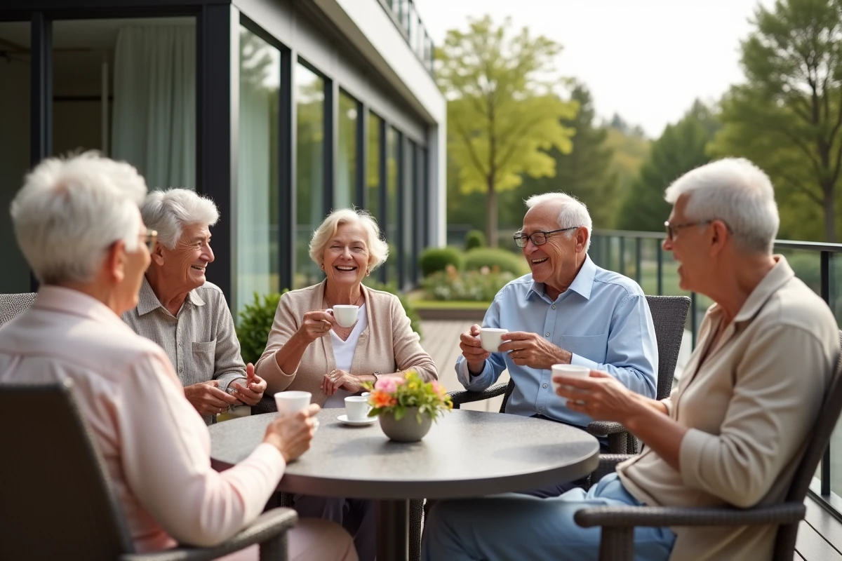 Groupe de seniors discutant et riant sur une terrasse