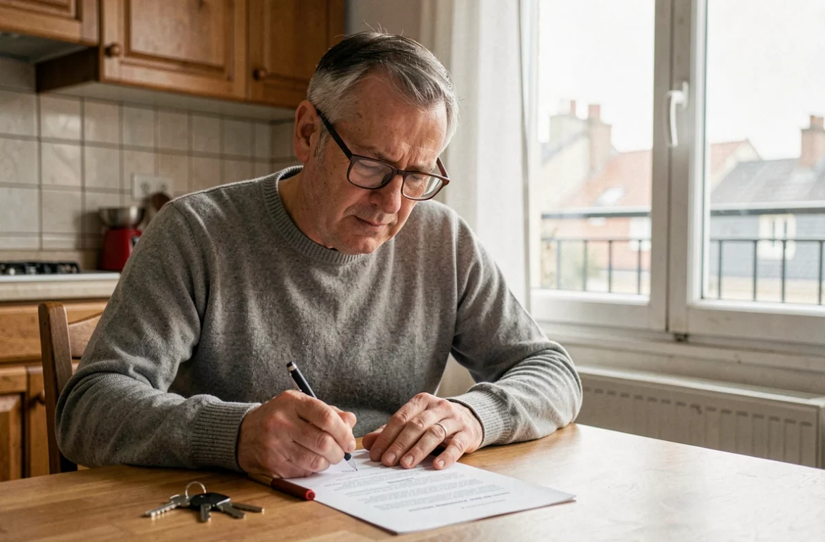 Homme signant une attestation de remise de clé en l'absence du propriétaire à une table de cuisine dans un appartement français