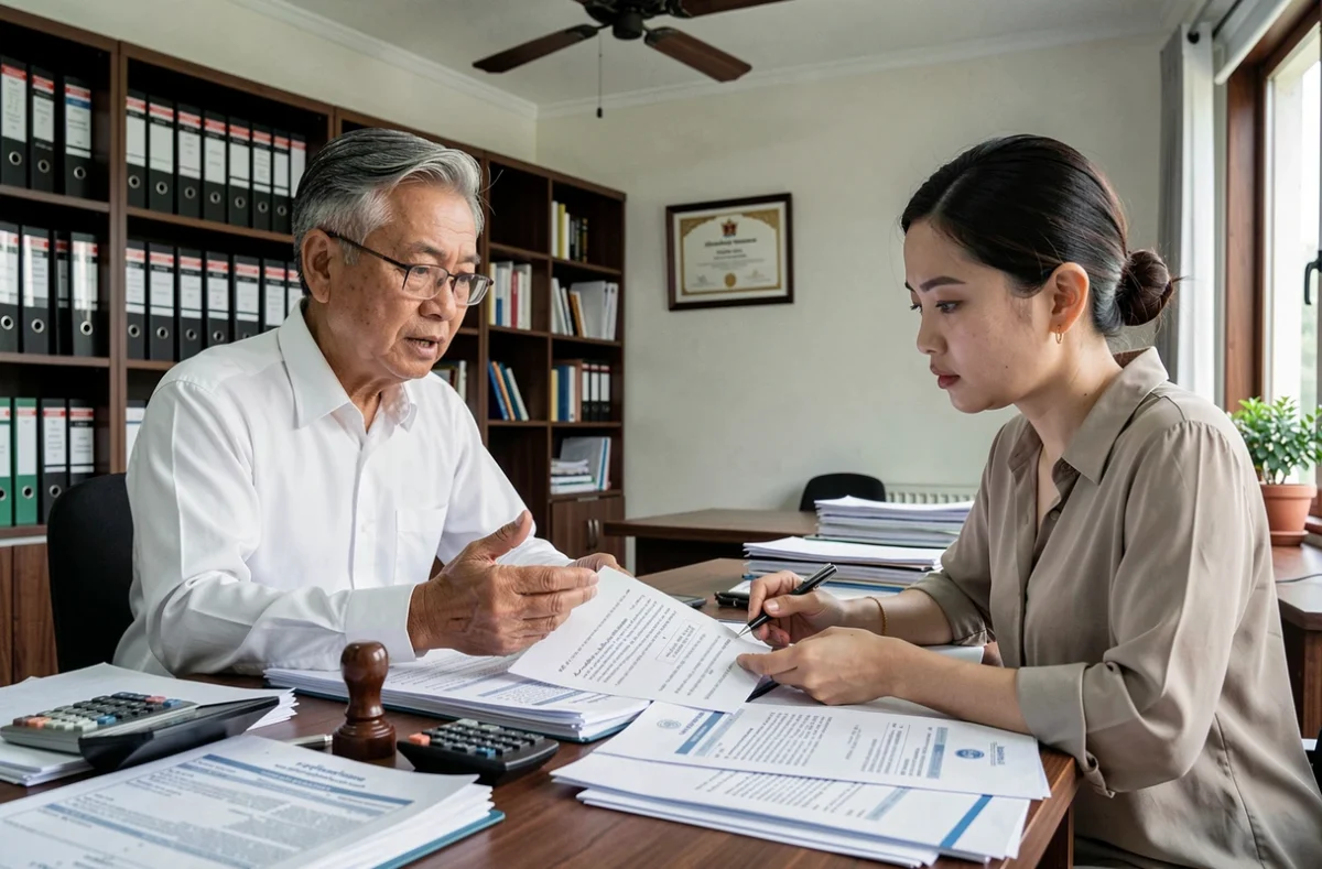 Femme étrangère signant un contrat immobilier en Thaïlande avec l'aide d'un notaire local