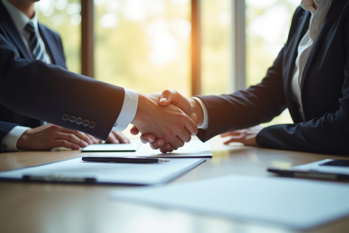 Deux professionnels signant un contrat de bail dans un bureau lumineux