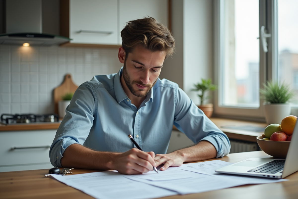 Jeune homme signe un document dans une cuisine moderne