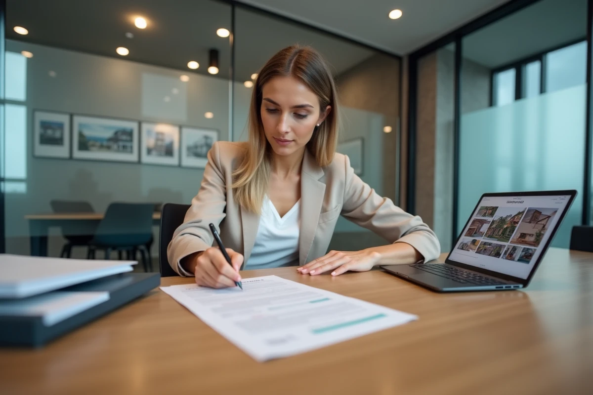 Femme signant un contrat de gestion locative dans une agence immobilière professionnelle avec dossier de biens et tablette numérique