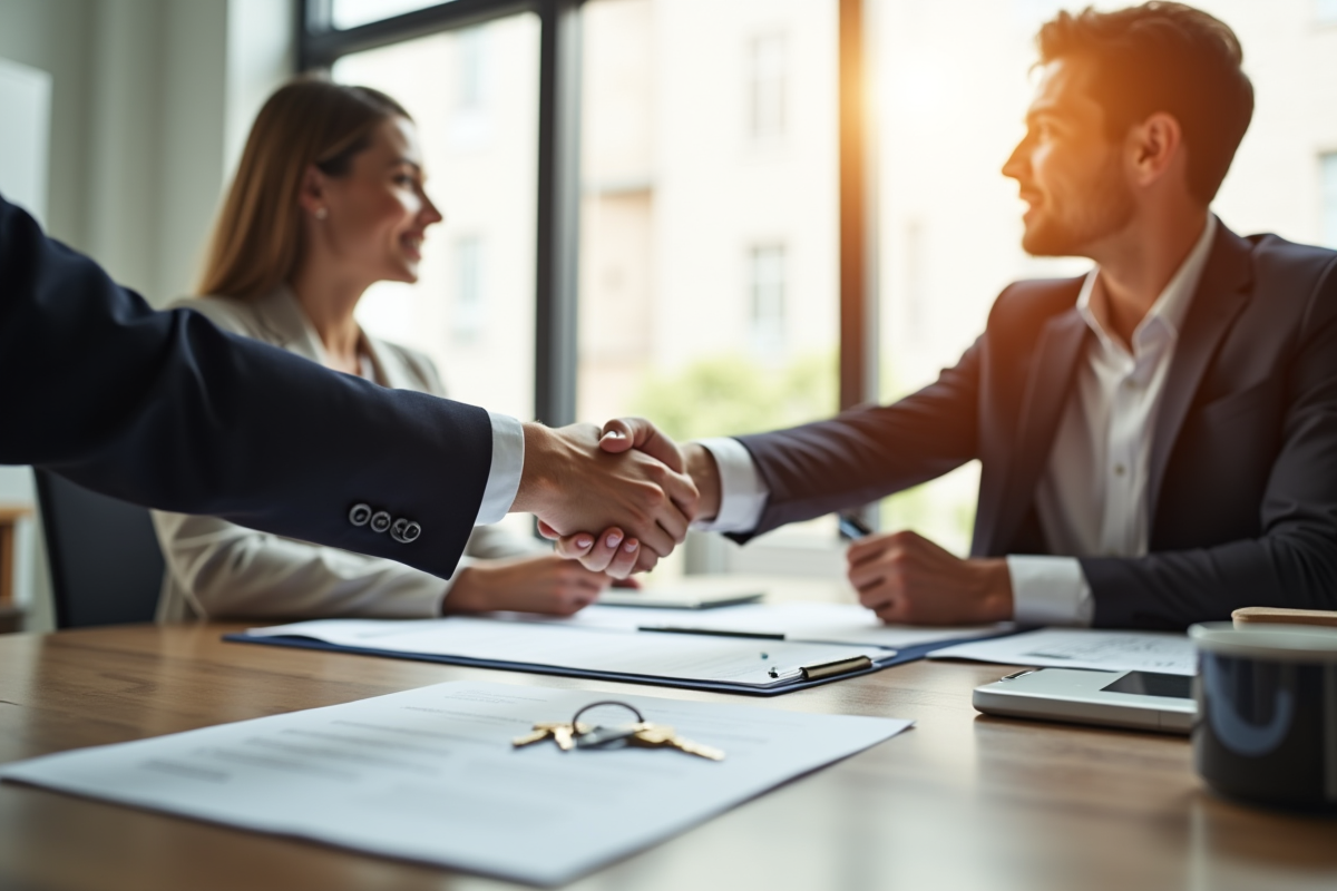 Professionnels signant un contrat de location dans un bureau lumineux