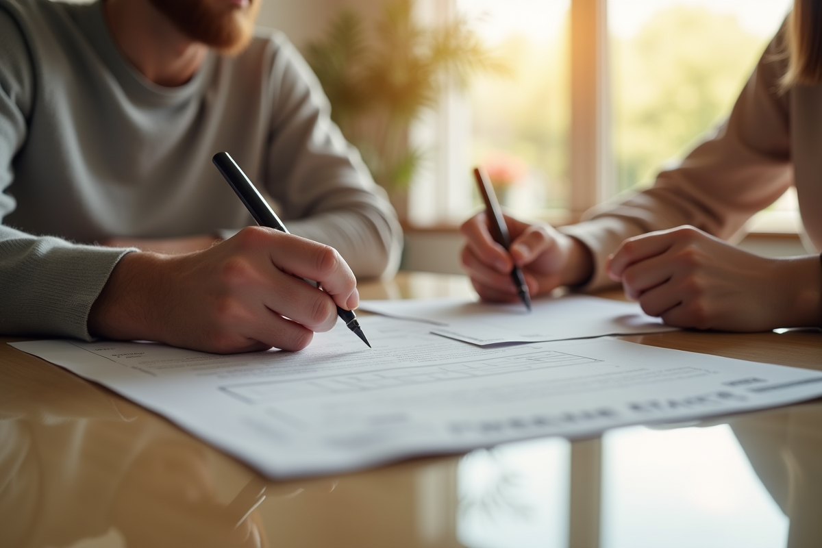 Couple signant des documents d'assurance maison dans un salon lumineux