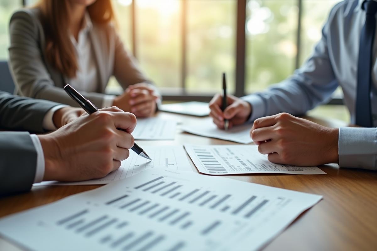Deux personnes signant des documents financiers dans un bureau lumineux
