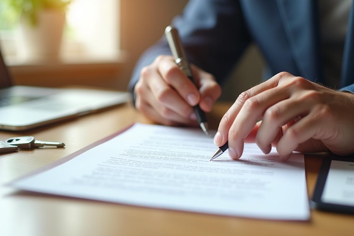 Main signant un contrat de prêt immobilier sur un bureau en bois