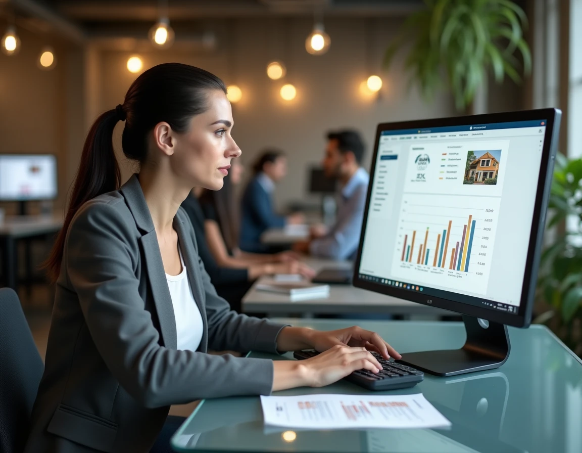 Femme utilisant un simulateur de rentabilité locative sur écran dans un espace de coworking