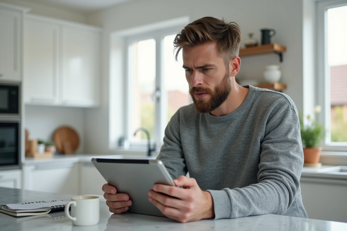 Homme consultant une simulation fiscale de plus-value immobili&egrave;re sur tablette depuis sa cuisine