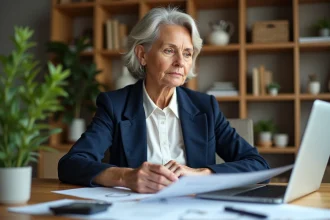 Femme consultant des documents immobiliers et une simulation de plus-value sur ordinateur portable dans un bureau à domicile
