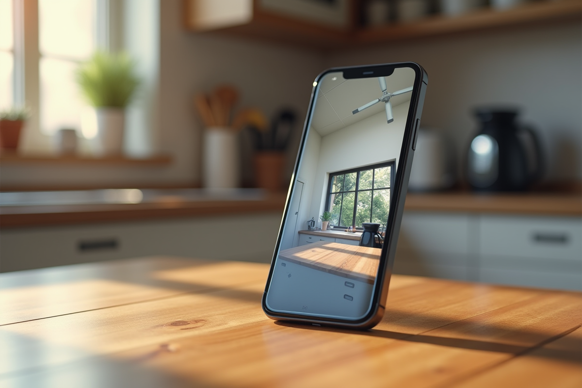 Smartphone affichant la vidéo de sécurité dans la cuisine