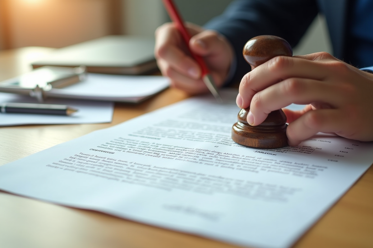 Main apposant un cachet sur un document financier sur une table en bois