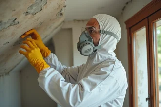 Technicien en combinaison de protection inspectant un plafond amianté dans un appartement ancien avant désamiantage