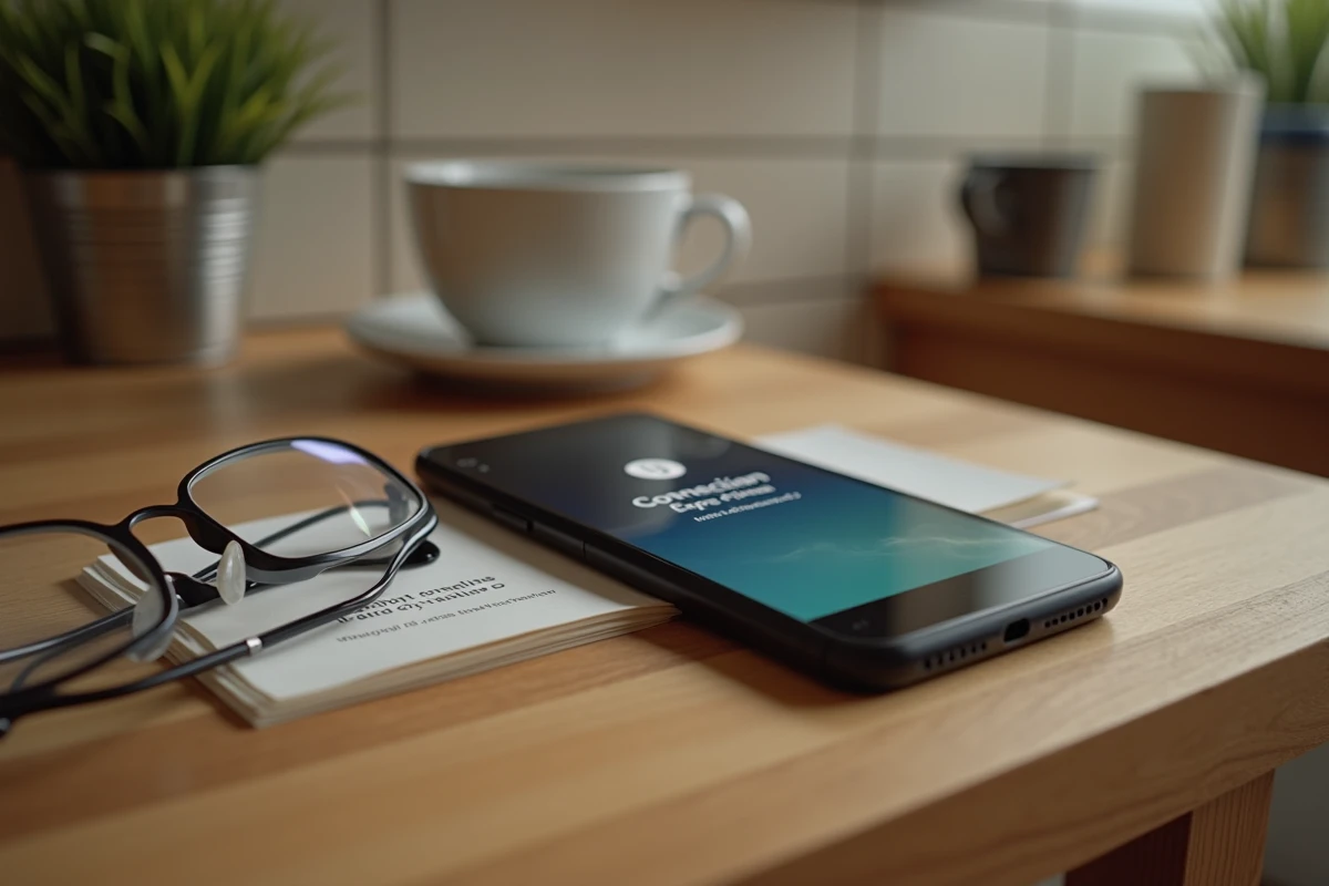 Téléphone posé sur une table avec un message d'erreur de l'application MyCitya au petit-déjeuner