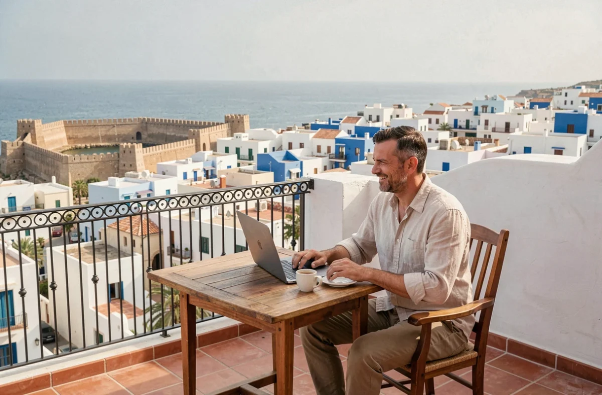 Terrasse d'appartement à Essaouira avec vue sur l'océan Atlantique et les remparts, parfaite pour une expatriation longue durée
