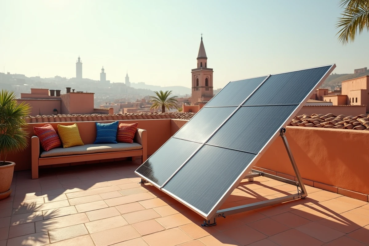 Terrasse de riad rénové avec panneaux solaires thermiques et vue sur les toits de la médina marocaine