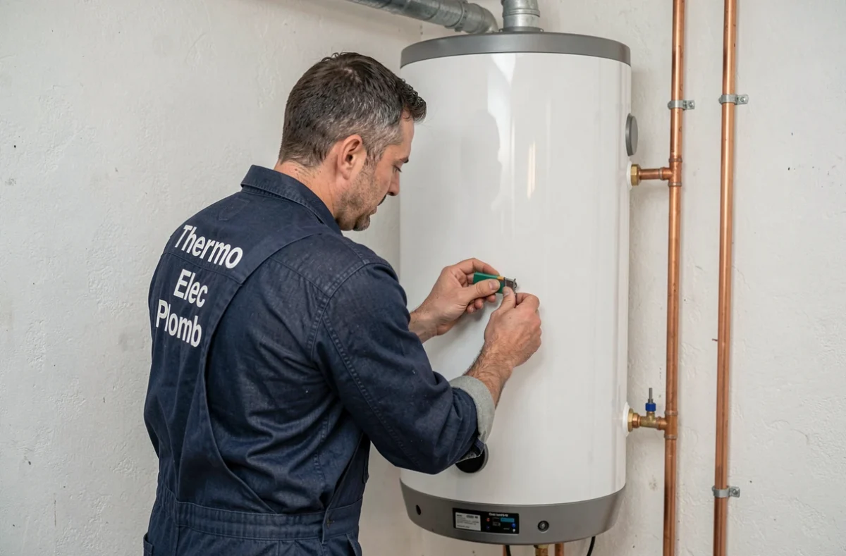 Technicien Thermo Elec Plomb installant un chauffe-eau thermodynamique dans une buanderie résidentielle