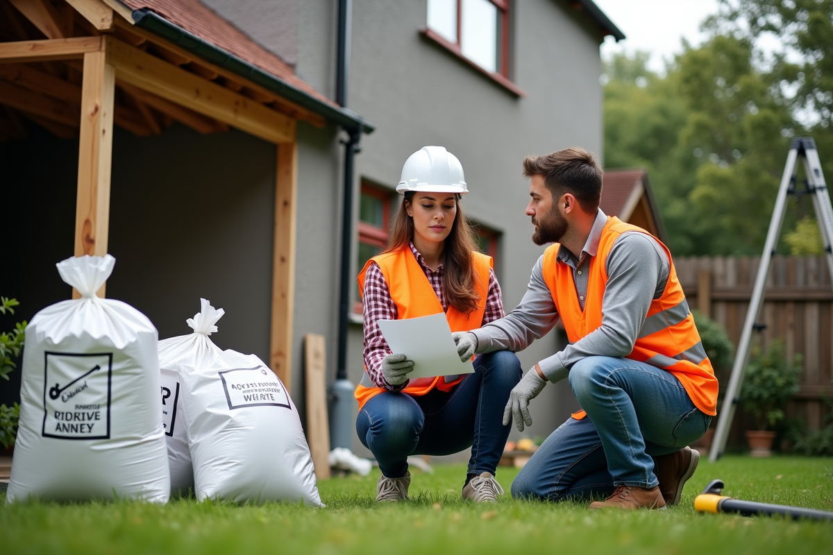 Femme professionnelle discutant avec un propriétaire près du toit rénové