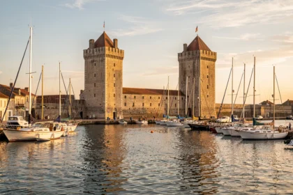 Vieux port de La Rochelle et ses tours au coucher du soleil
