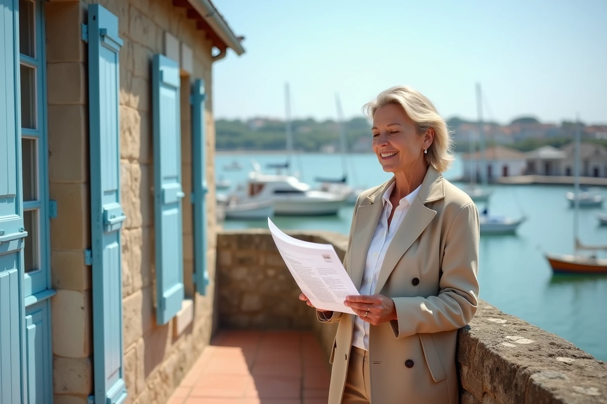 Femme consultant des documents immobiliers sur la terrasse d'une villa bretonne avec vue sur le port