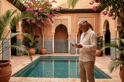 Couple européen examinant un contrat de location devant la piscine d'une villa de luxe à Marrakech avec architecture riad traditionnelle