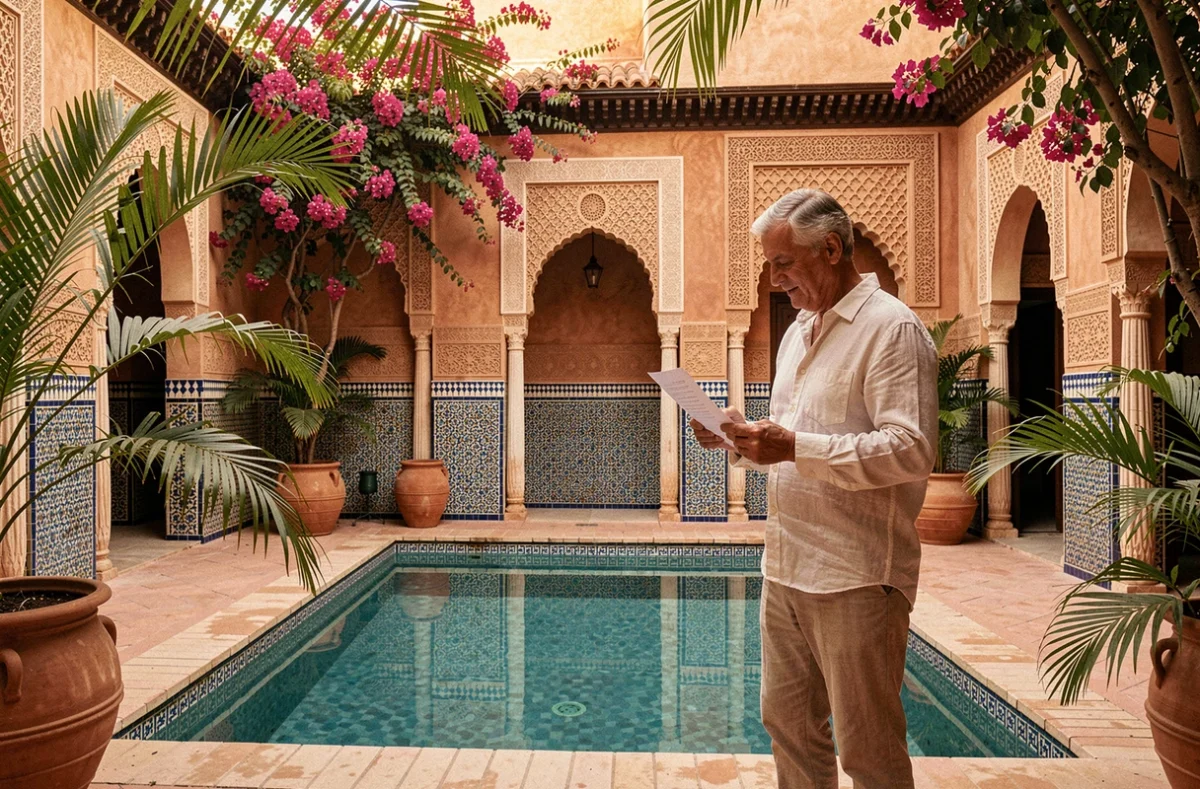 Couple européen examinant un contrat de location devant la piscine d'une villa de luxe à Marrakech avec architecture riad traditionnelle