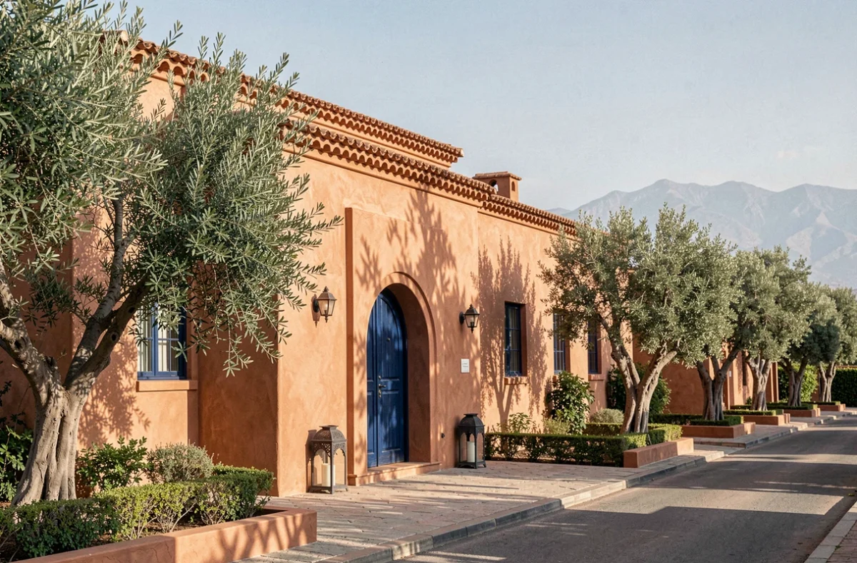 Villa avec jardin en périphérie de Marrakech avec vue sur les montagnes de l'Atlas et architecture traditionnelle