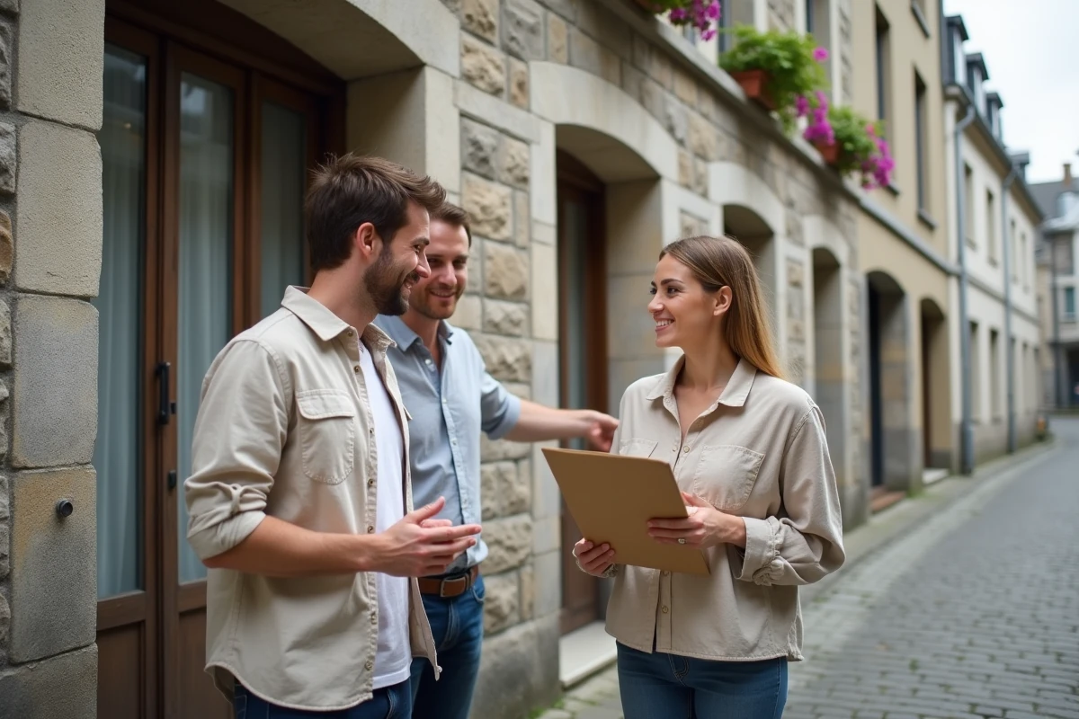 Couple rencontrant un agent immobilier devant un immeuble en pierre à Concarneau pour une visite d'appartement en location