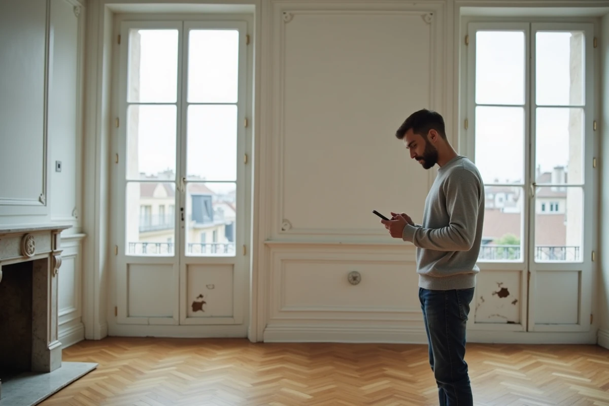Homme visitant un appartement parisien vide avec parquet et cheminée en vue d'un premier investissement immobilier