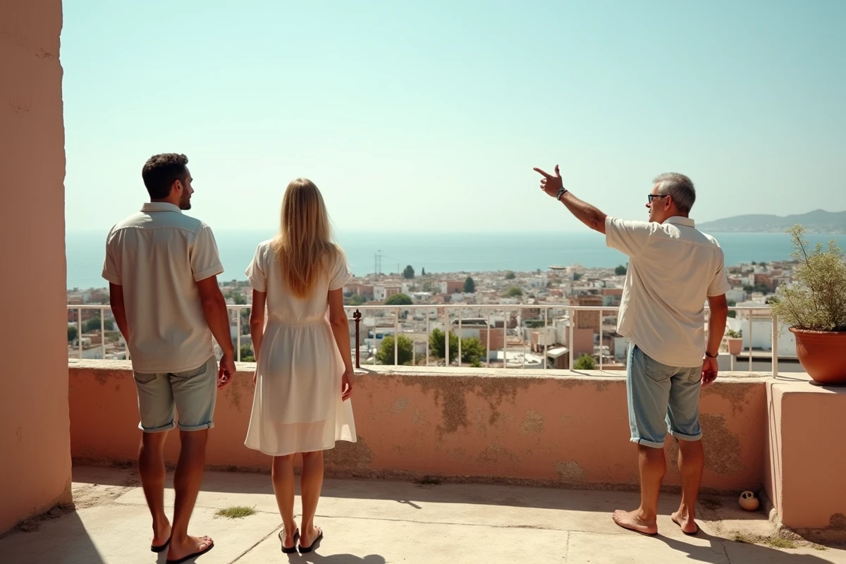 Couple visitant un appartement en terrasse avec vue sur la médina et l'océan à Essaouira lors d'une recherche de location longue durée