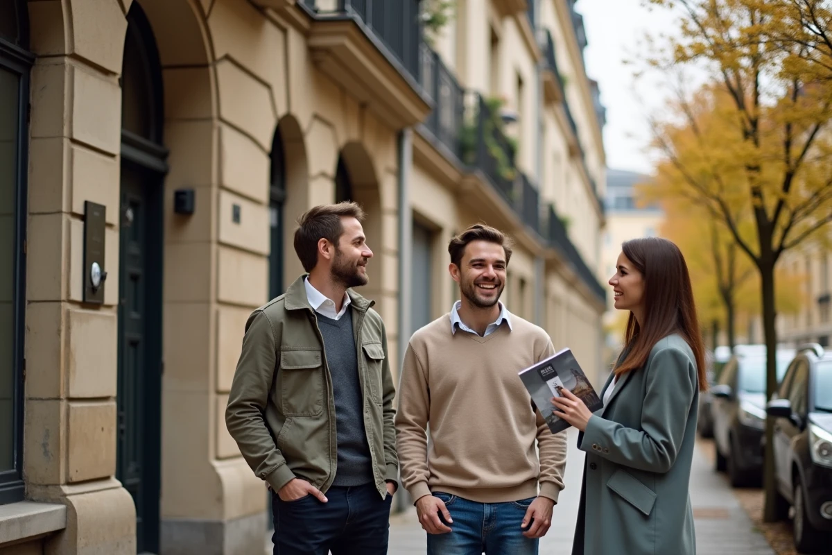 Couple visitant un immeuble résidentiel avec un agent immobilier dans une rue parisienne lors d'une transaction d'achat
