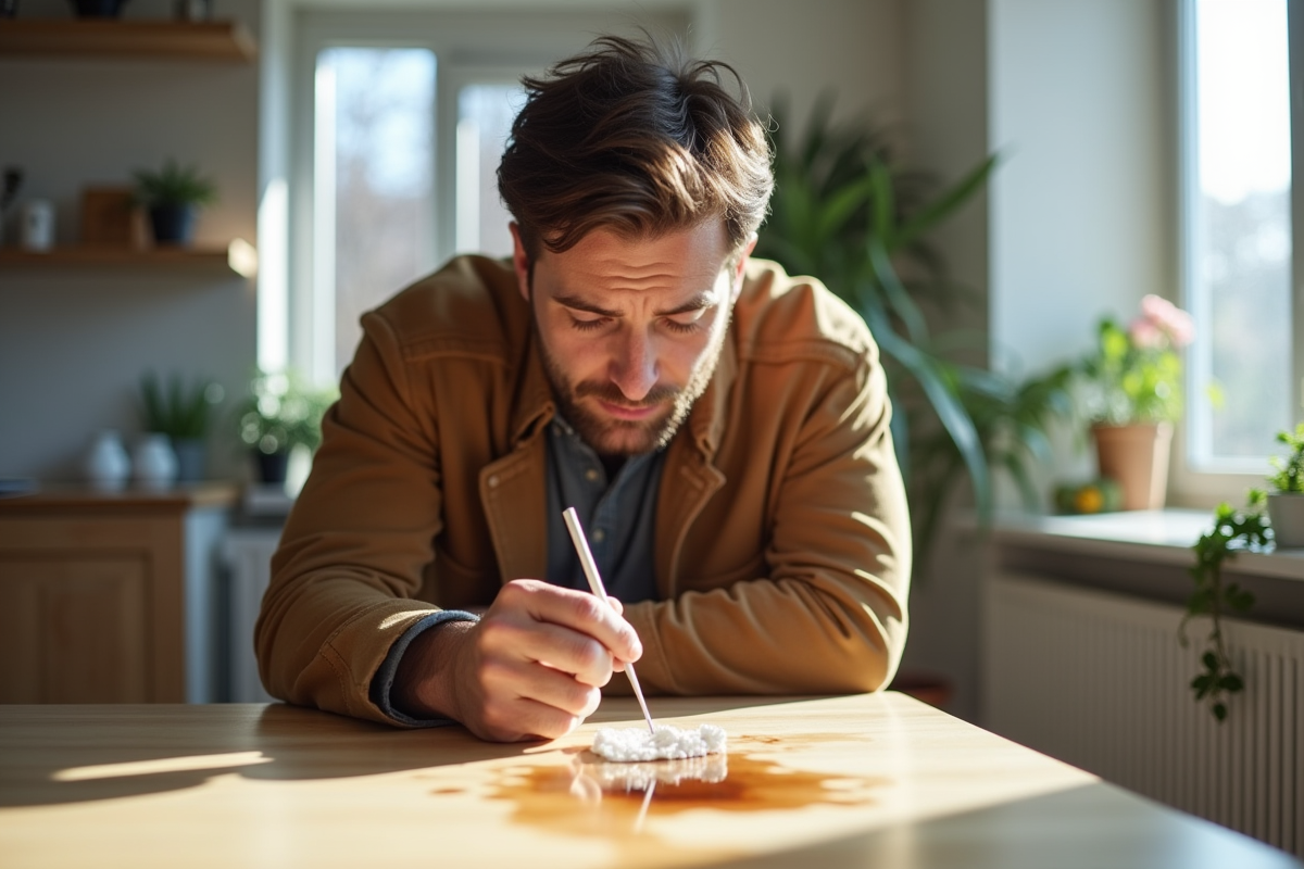 Voyageur inquiet examinant une tache sur la table d'un Airbnb moderne